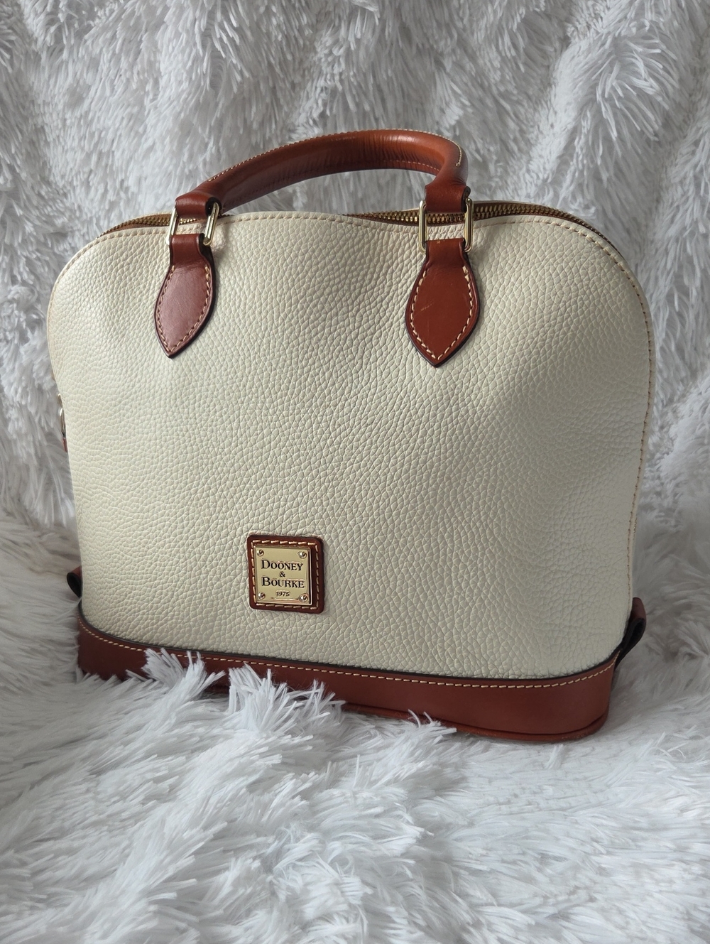 Dooney & Bourke Zip Zip Cream Pebble Leather Satchel with Brown Trim